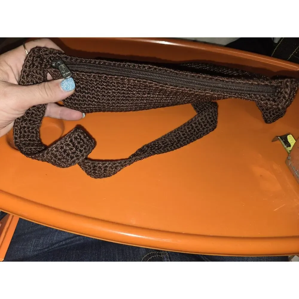 The Sak Vintage Brown Crochet Shoulder Bag Knit Crossbody Purse Front Zip Pocket